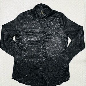 NWT Japna Satin Black on Black Leopard Print Button-Up Long Sleeve Shirt Sz Med